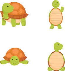 Adorable and cheerful cartoon turtle collection with four smiling and playful turtles in various colorful and childlike poses, perfect for children's education and fun storybooks illustration