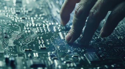 Obraz premium A close-up image of a persons hand tracing a circuit board
