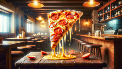A pepperoni pizza with pepperoni and with melted cheese in rustic restaurant. promotional