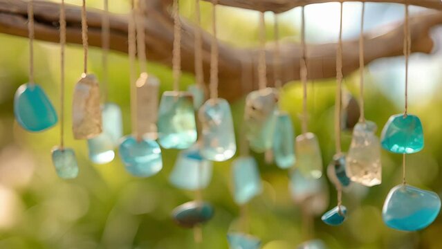 A charming wind chime made from found seaglass and driftwood.