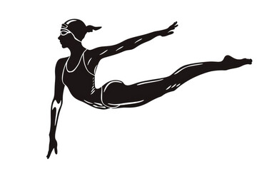 A silhouette of a female swimmer in a swimsuit with goggles executing a dive from a platform. Her arms are outstretched, and her body is arched in mid-air