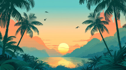 A beautiful tropical sunset with palm trees, mountains, and birds flying over a calm river.