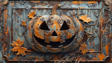 Textured pumpkin of Rust on Metal Surface. Happy Halloween.
