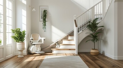 A stairlift installed on a curved wooden staircase in a bright, modern home interior.