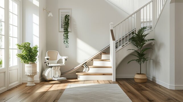 A stairlift installed on a curved wooden staircase in a bright, modern home interior.