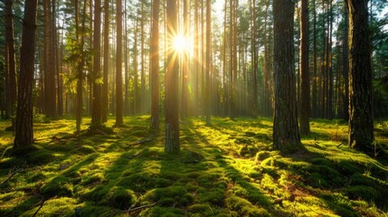 Obraz premium Pine tree forest with sunlight and mossy ground.