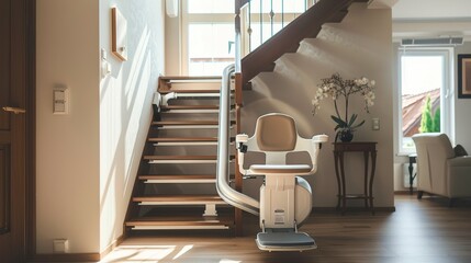 A stairlift installed on a curved wooden staircase in a bright, modern home interior.