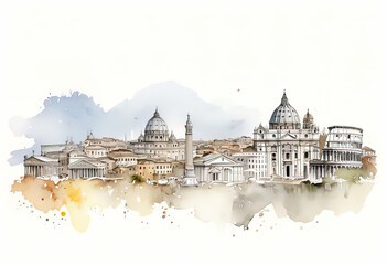 Obraz premium watercolor illustration, collage Rome skyline and landmarks, travel agency brochure,