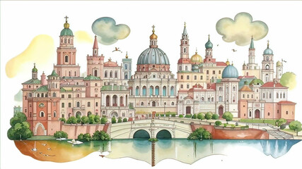 watercolor illustration, collage Rome skyline and landmarks, travel agency brochure,