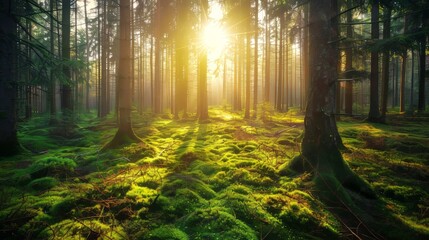 Obraz premium Pine tree forest with sunlight and mossy ground.