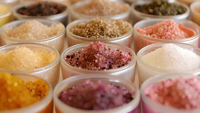 An assortment of natural body scrubs made with exfoliating ingredients like sugar and sea salt on display.