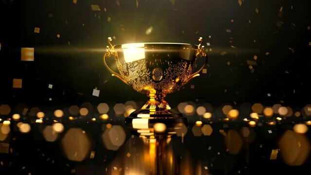a gold cup champion trophy on black background in studio shoot video looping background 4k