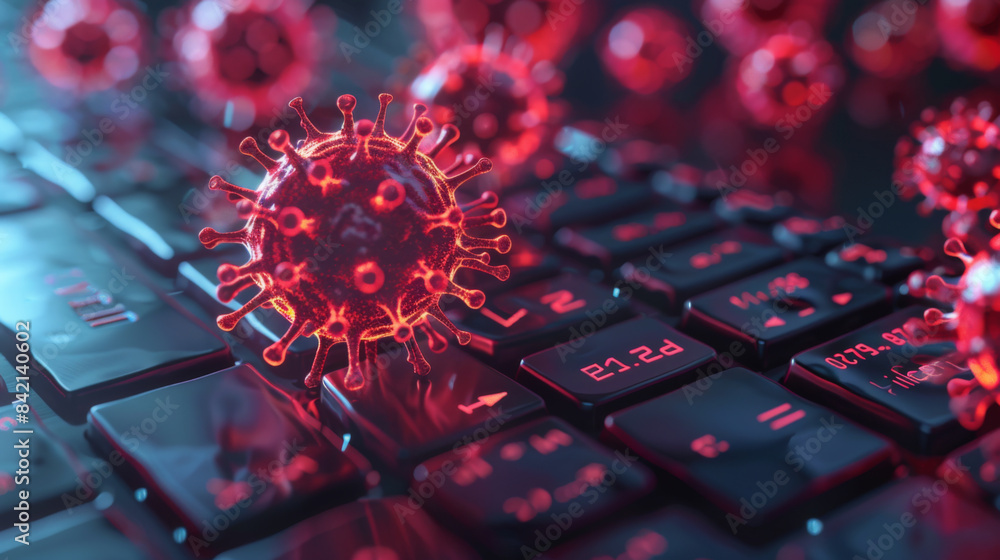 Aufkleber a close-up of a red virus model on a computer keyboard, representing cyber threats and digital secur