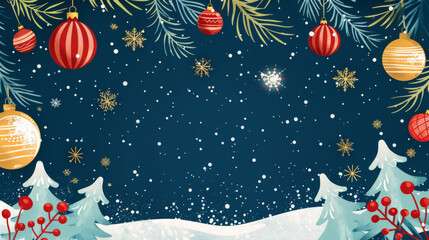 Illustrated Christmas background with hanging ornaments, snowflakes, and snowy trees, perfect for holiday-themed designs and greetings.
