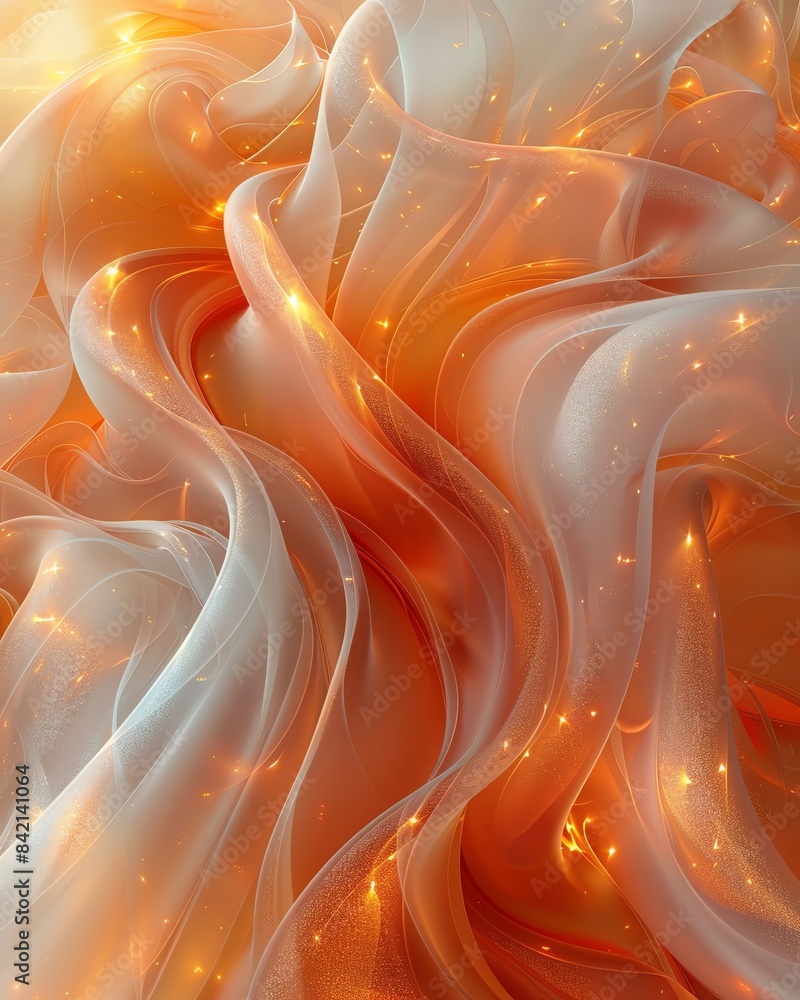 Poster abstract orange and white flowing fabric-like pattern with sparkling light, creating an ethereal and