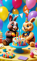 Fototapeta premium baby rabbit and teddy bear with birthday cake at a fun colorful birthday party, greeting card for children, illustration for children,