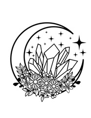 Floral Crystal Moon | Celestial Flower | Cresent Moon | Mystical Moon with Crystals | Magical Bouquet and Meteor | Astrology | Stars | Original Illustration | Vector and Clipart | Cutfile and Stencil