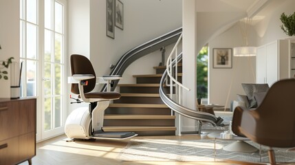 A modern stairlift installed on a curved staircase in a bright, contemporary home, highlighting accessibility and stylish living.