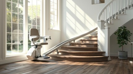 A sleek stairlift in a sunlit, modern living room with curved stairs, emphasizing ease of mobility and elegant home design.