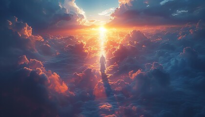 Obraz premium Stunning sunset view from above the clouds, highlighting vibrant colors and serene atmosphere of the evening sky.