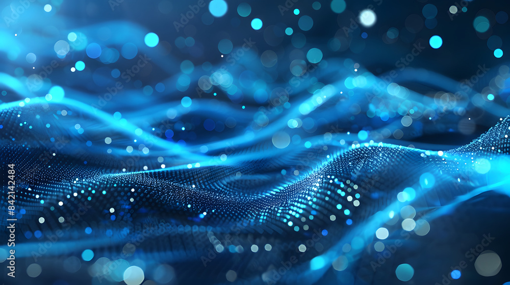 Poster abstract blue glowing particles background with bokeh effect. digital technology concept design