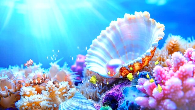 pearl on seashell on beautiful underwater of sea video looping background 4k 