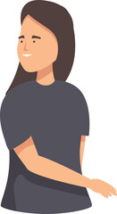 Friendly young woman is gesturing with her hand while looking to the side and smiling gently