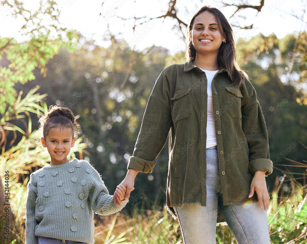 Poster Portrait, girl and mother hand holding on walk outdoor in park for bonding, relationship and love. Family, woman and daughter together in nature happy for support, development and summer traveling