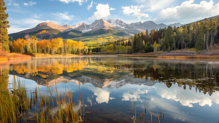 Fototapeta premium Fall Reflections: Autumn Lake with Mountain Landscape