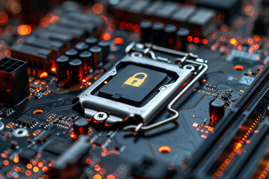 Close-up image of a computer motherboard with a padlock icon symbolizing secure connection cybersecurity service