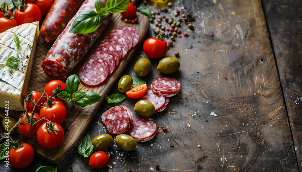 Wall mural delicious italian delights: assorted salami, speck, sausages, parmesan cheese, green olives, fresh b - Wall murals