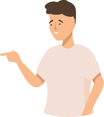 Young man pointing with his finger and smiling, showing something, indicating direction
