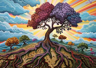 Vibrant Surreal Landscape Painting Featuring an Enchanted Tree with Colorful Foliage and Exposed Roots Against a Dramatic Sky