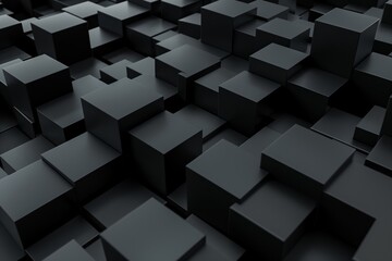 An abstract image featuring a collection of black geometric blocks arranged in a dynamic, three-dimensional composition
