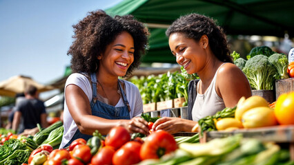 beautiful female customer buying sustainable organic vegetables from a joyful black female farmer on enhanced