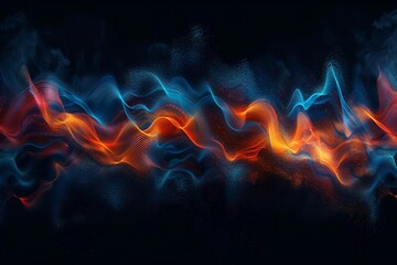 A digital art piece featuring abstract waves in shades of blue and orange on a dark blue background. The waves are rendered with a grainy, noisy texture
