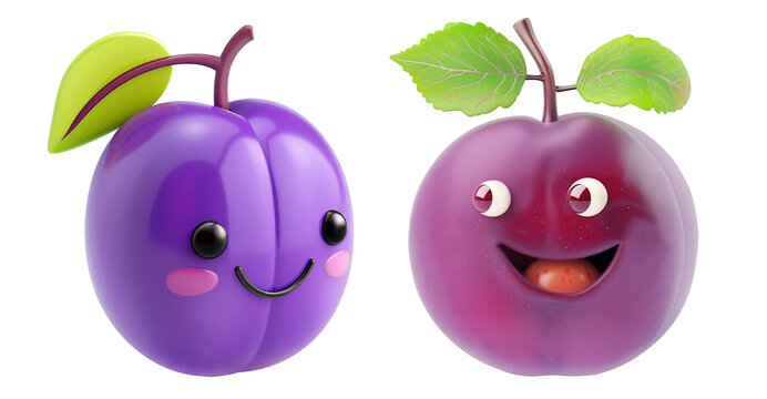 Two cartoon plum characters with green leaves and playful smiles, cut out