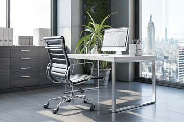 A modern office desk with a white top and silver legs. A black leather chair with silver accents sits in front of the desk.