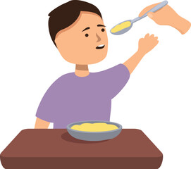 Young boy eagerly opens his mouth for another bite of food from his teacher in this illustration about early childhood education