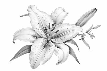 A detailed pencil drawing of a white lily blossom with leaves and a bud. The drawing captures the elegance and beauty of the flower © mattegg