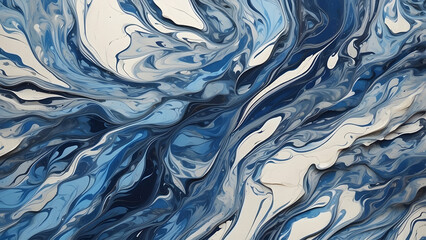 A dynamic abstract design resembling marble with flowing patterns in blue, white, and hints of darker tones