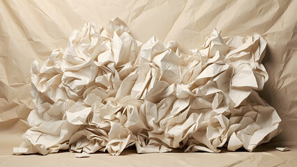 An image showcasing a pile of crumpled paper balls on a flat, beige surface, offering a play on texture and form