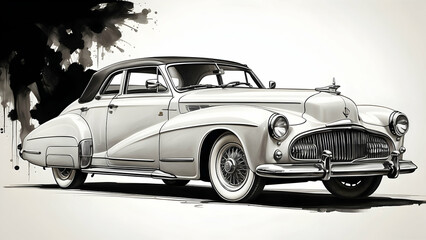 Artistic sketch of a vintage 1950s car with detailed shading and design elements