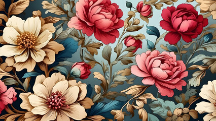 Fototapeta premium A beautiful wallpaper design featuring a pattern of large, vibrant flowers and elegant leaves against a dark background