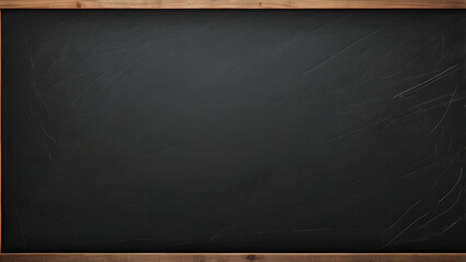 An empty black school chalkboard texture with traces of chalk and a wooden frame