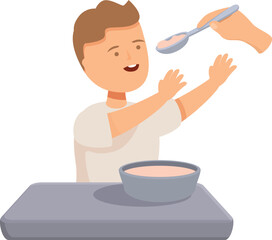 Happy child sitting at table and getting fed by a nurse or parent