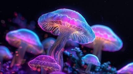 A family of magic mushrooms glowing with neon light on a black background. Surreal lamellar mushroom
