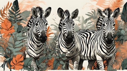 A vibrant illustration portrays three zebras surrounded by lush, colorful tropical foliage, highlighting nature's contrasts