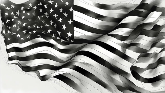 A graphical illustration of the American flag in black and white, conveying power and patriotism in a stylized manner