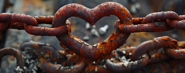 Rusty heart-shaped chain link close-up with corroded metal, love and decay concept